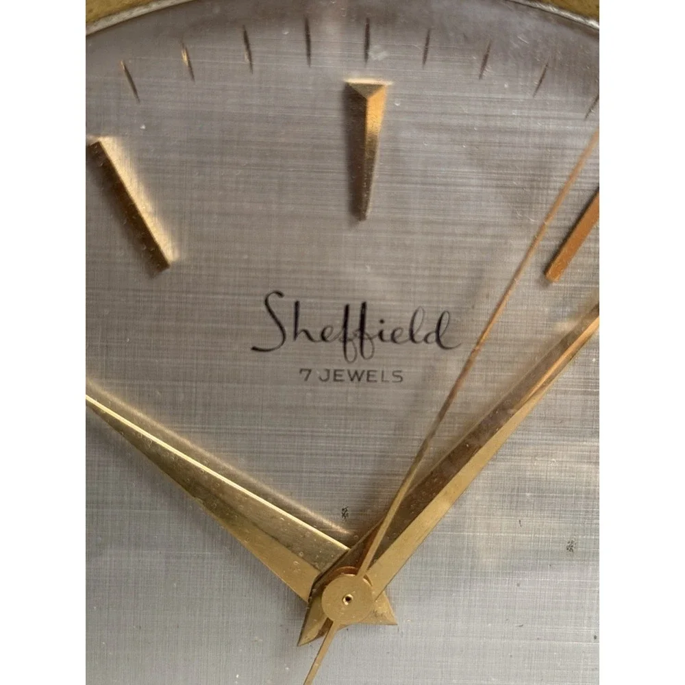 Vtg Sheffield Electric 7-Jewel Solid Brass Desk Clock Swiss Made MCM Working
